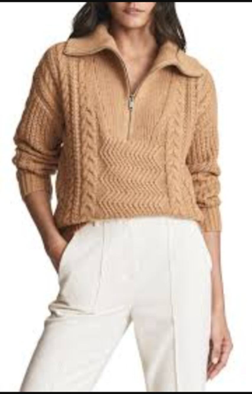 Reiss Alexis Camel Cable Knit Half Zip Sweater Size Small Wool Blend EUC